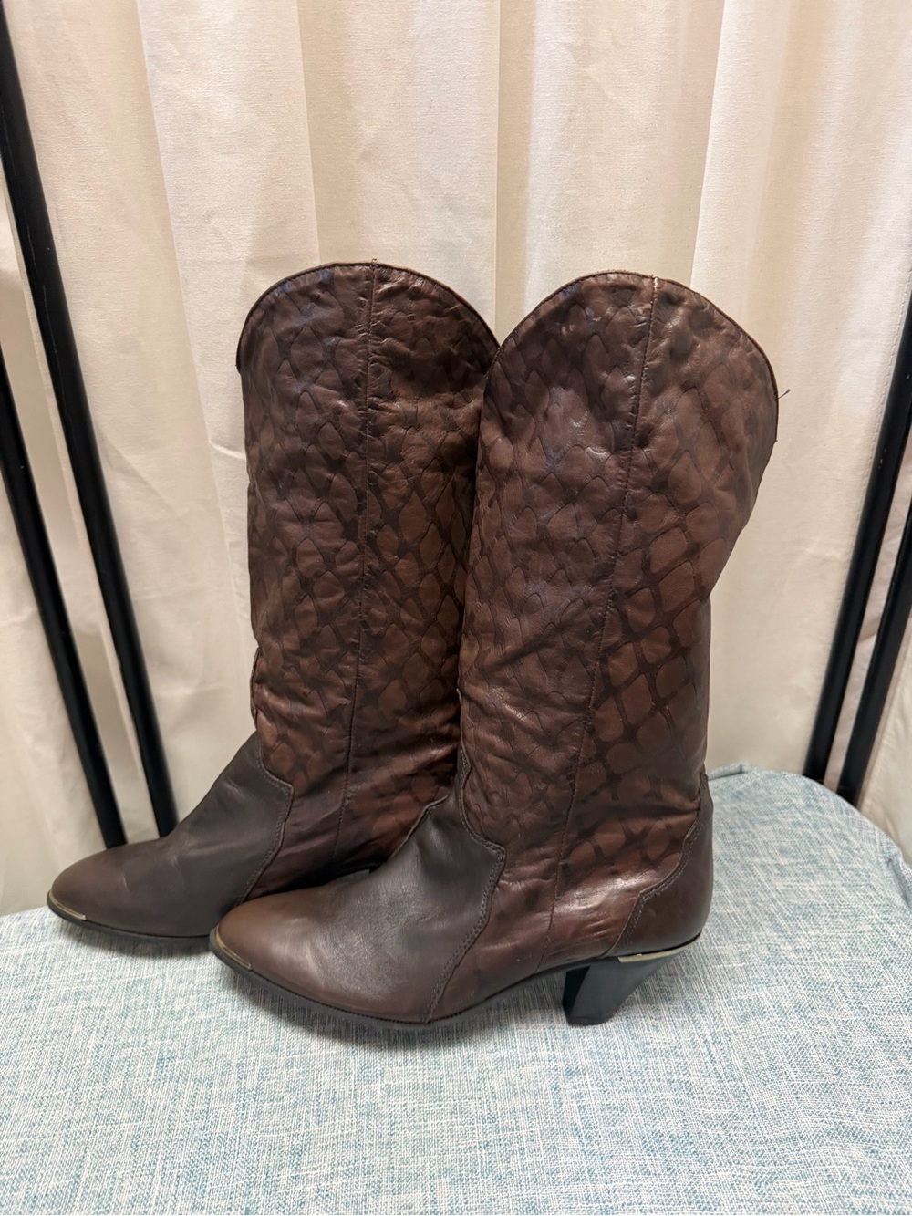 Acme Brown Leather Western Cowboy Boots Embossed Tall Shaft Vintage